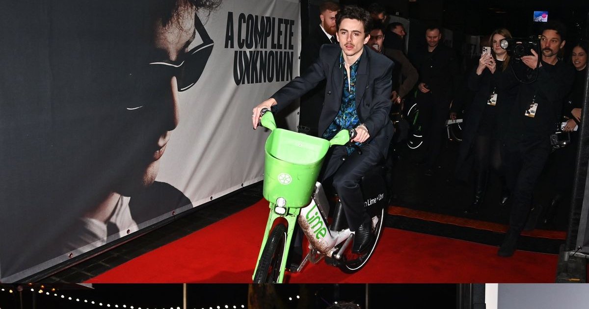 #TimotheeChalamet kam mit dem Fahrrad zur A Complete Unknown-Premiere in London. | Cinexcepción
