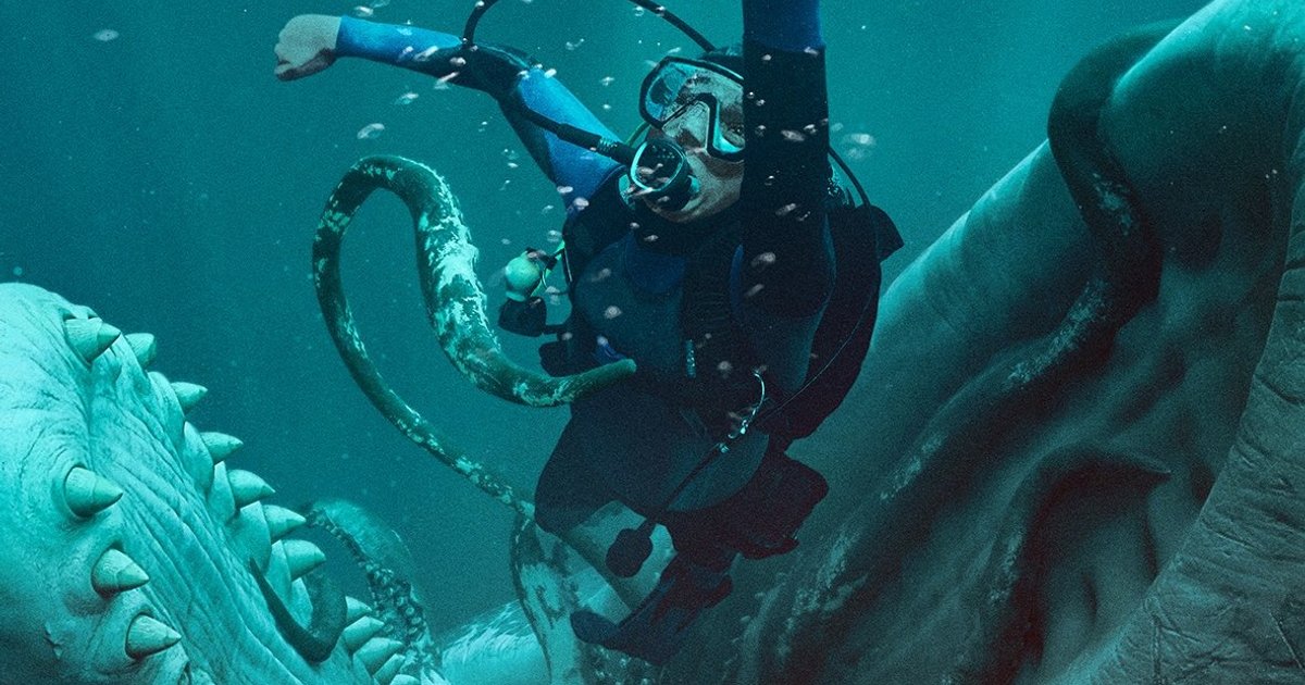 「ホエールフォール」のポスター。このポッドは何についてのものですか?ダイバーは突然マッコウクジラに飲み込まれ、エネルギーが尽きる前に生き残らなければなりません。 | Cinexcepción